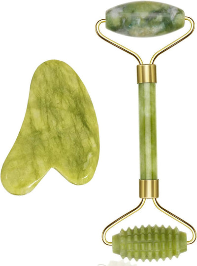 Jade Roller & Gua Sha Set - Face & Neck Massager, Eye Puffiness Treatment, Skin Tightening, Natural Green Slimming Massager (Roller-1)