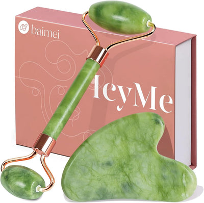 Icyme Natural Jade Gua Sha and Face Roller Set, Relieve Swelling Body Muscle Relaxing,Face,Jawline and Neck Massageself Care Gift for Men Women - Green