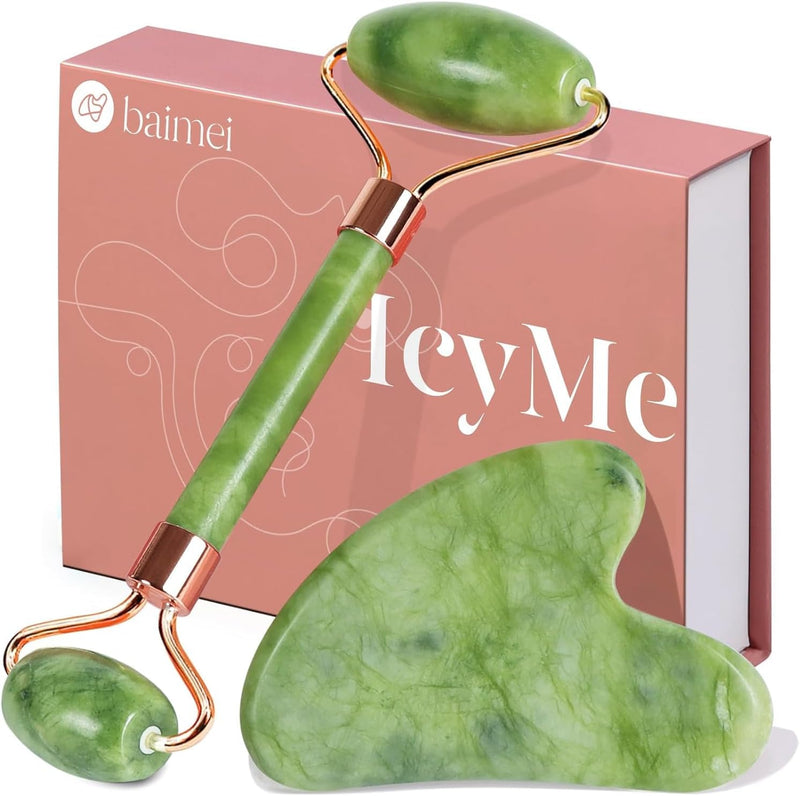 Icyme Natural Jade Gua Sha and Face Roller Set, Relieve Swelling Body Muscle Relaxing,Face,Jawline and Neck Massageself Care Gift for Men Women - Green